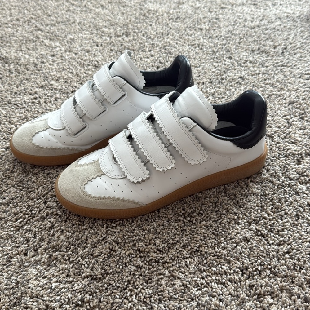 Isabel Marant White, Beige & Gum Leather Velcro Sneakers - Picture 2 of 4